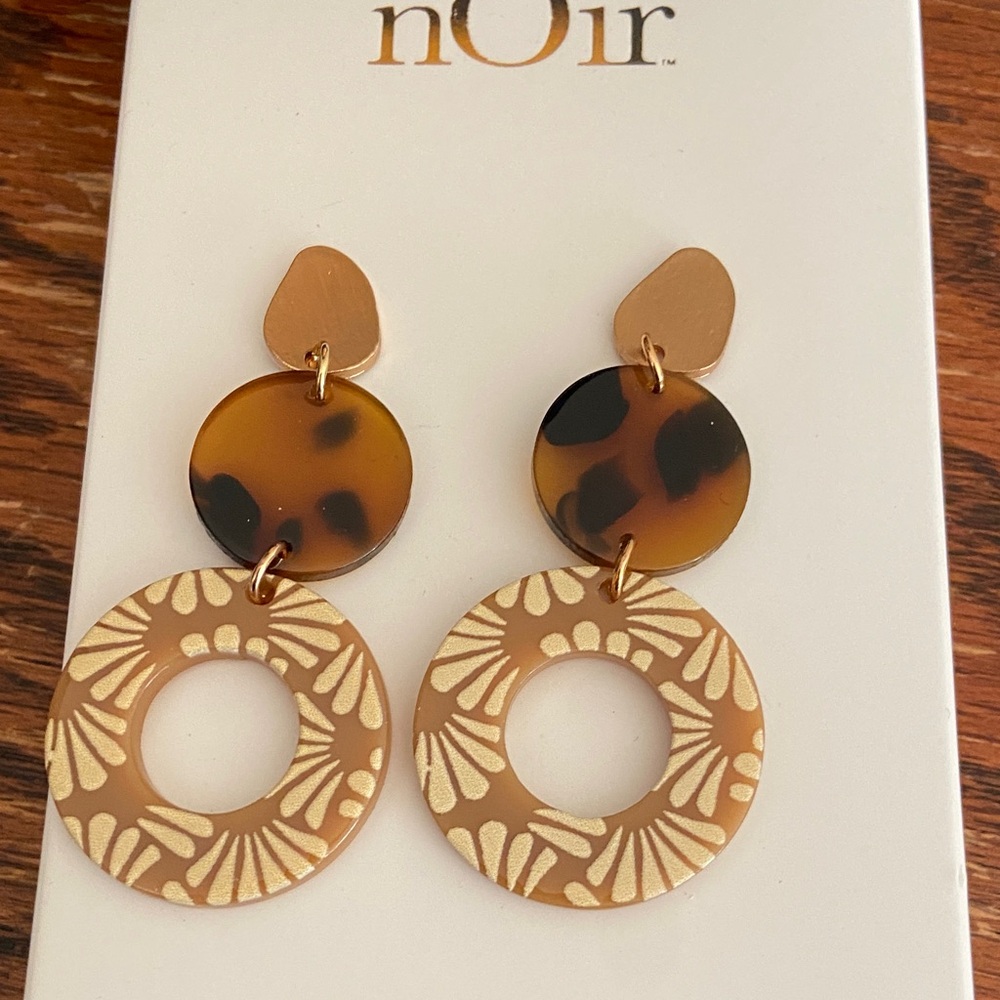 NEW in Box nOir Jewelry Tortoise Shell Lucite Gold Tone Earrings
